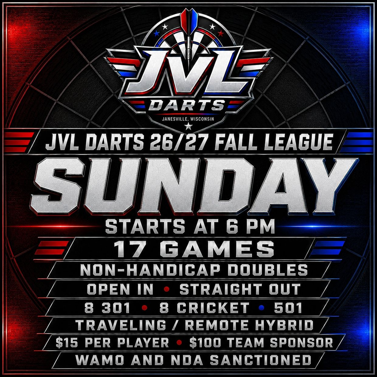 JVL Darts 26/27 Fall League on Sunday at 6 PM.
