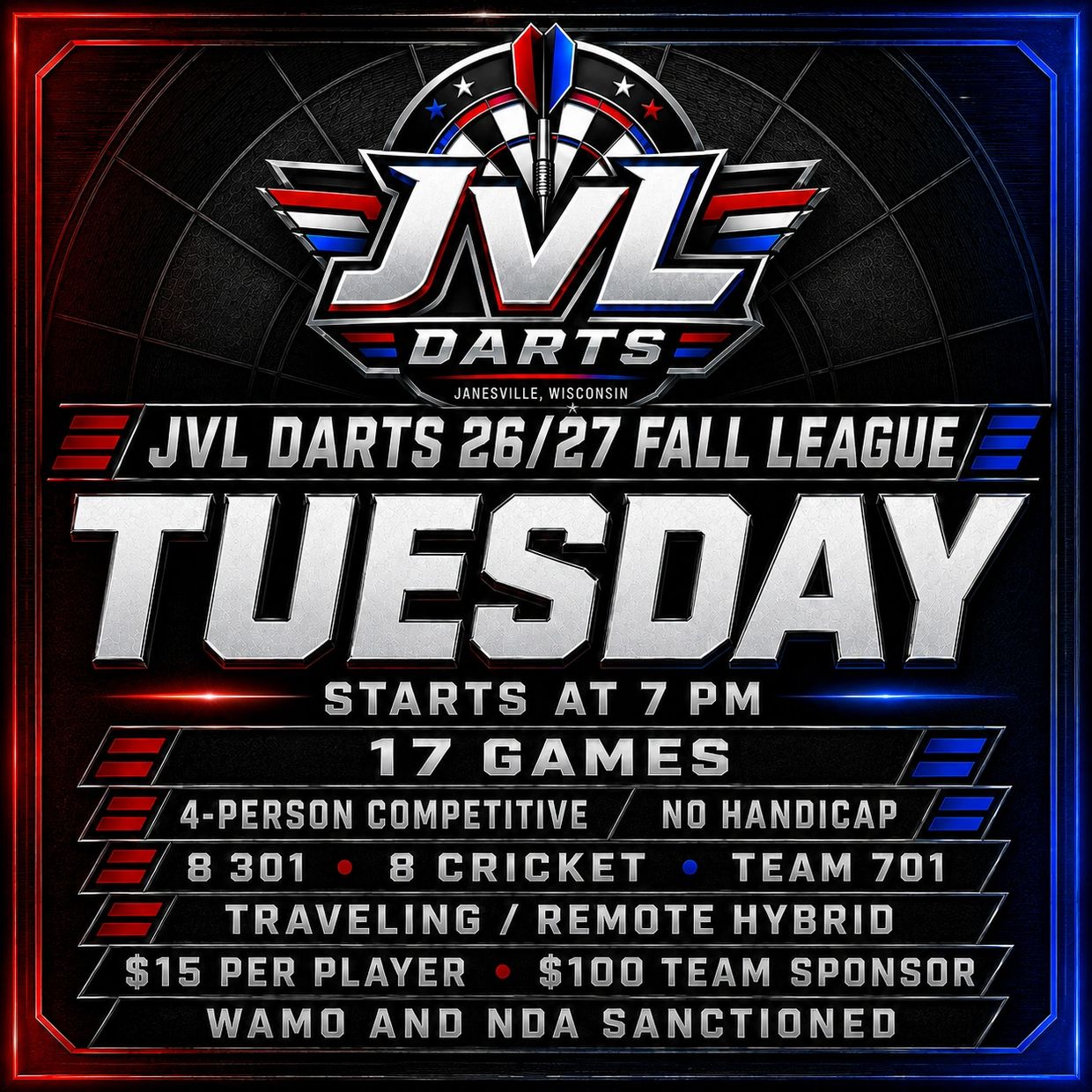 JVL Darts 26/27 Fall League on Tuesday at 7 PM.