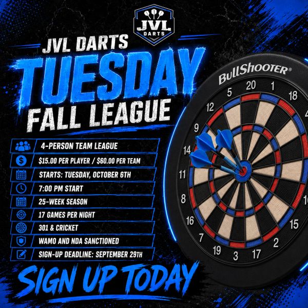 JVL Darts Tuesday Fall League sign-up with details and dartboard image.