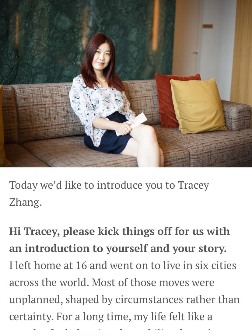 Tracey Zhang sitting on a couch, ready to share her story.