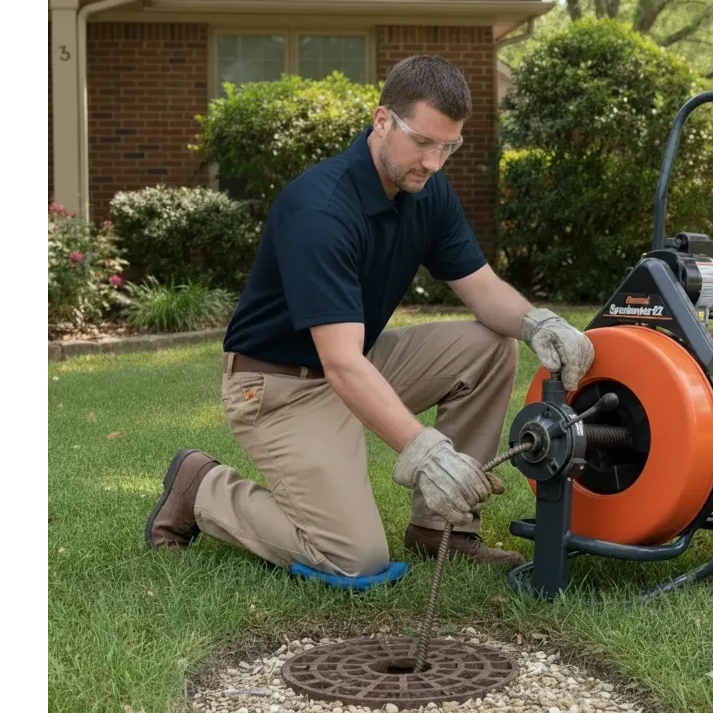 Man using a drain cleaning machine outdoors wearing safety glasses and gloves. plumbers new port Richey florida 