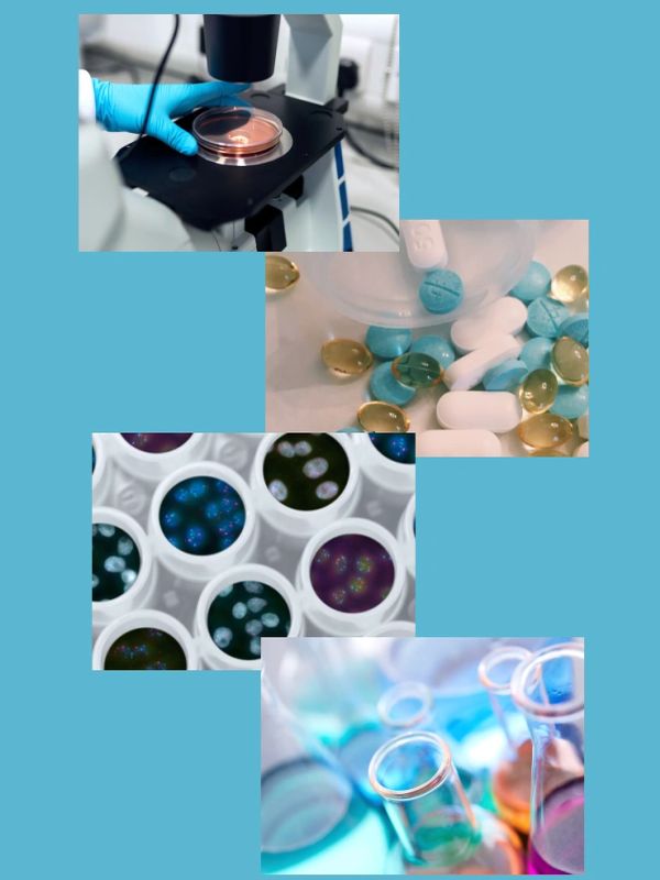 Scientific research images showing lab work, pills, cells, and test tubes.
