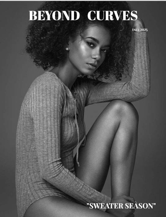 Black and white magazine cover featuring a woman in a ribbed sweater bodysuit.