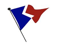 Two triangular flags, one blue and one red, on a black pole.