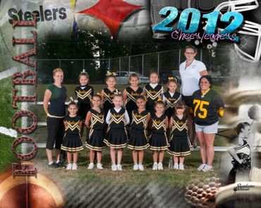 Young girls in black cheerleading outfits on a football-themed photo template