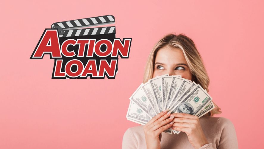 Woman with handful of cash looking at Action Loan logo. 