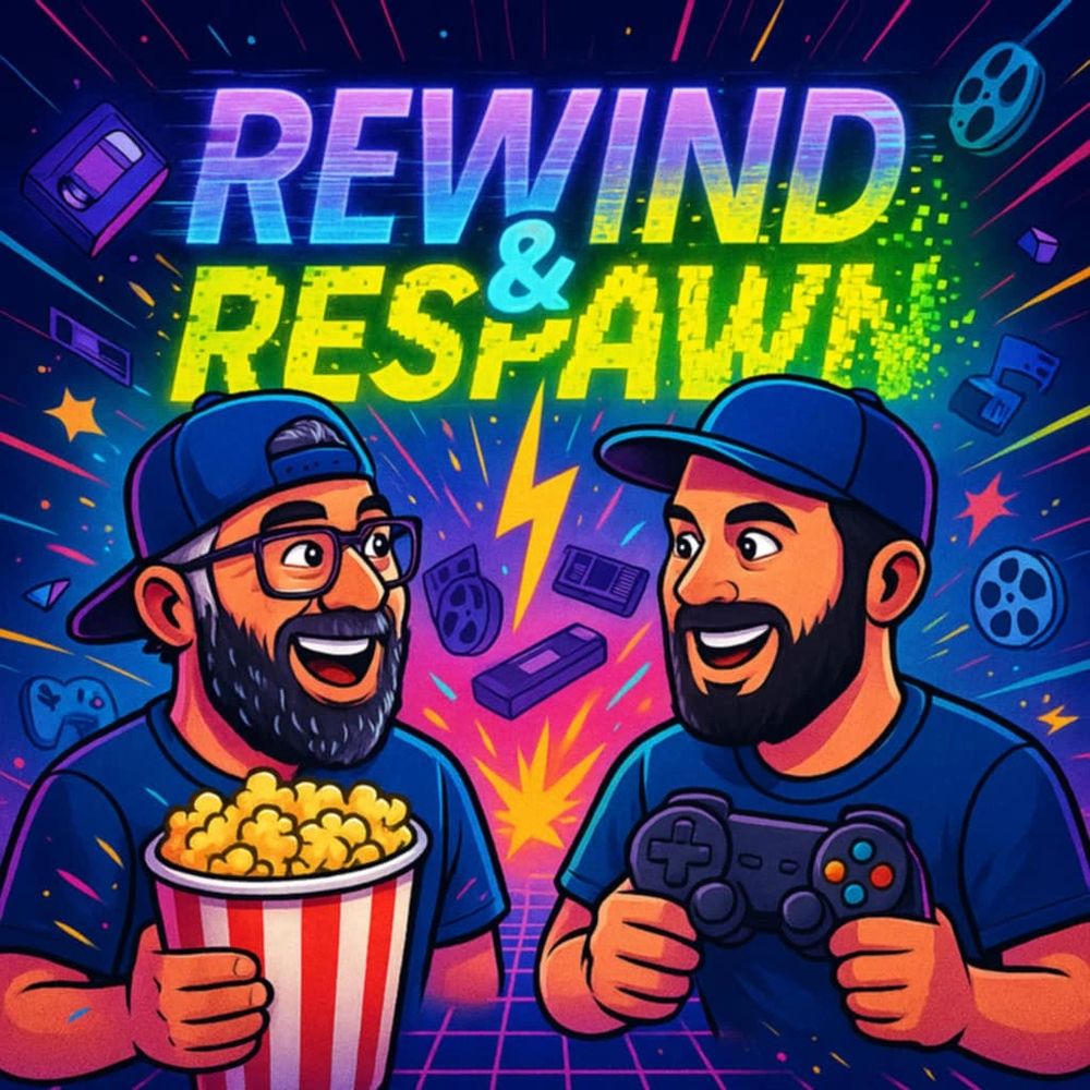 Two animated men enjoying popcorn and gaming under the title Rewind & Respawn.