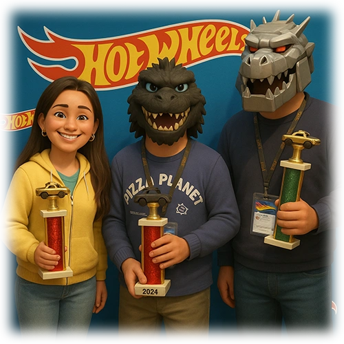 Three people with monster masks holding Hot Wheels trophies at an event.