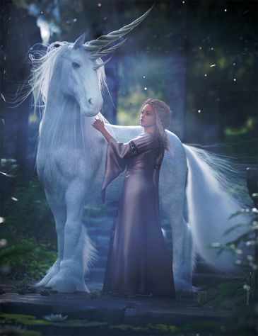 A woman with a unicorn in a mystical forest.