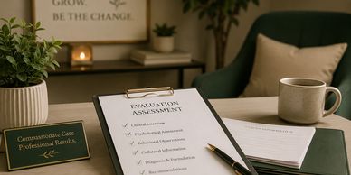 Clipboard with evaluation checklist on table with mug and plant.