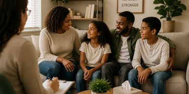 Family talking with a therapist in a cozy room.