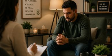 Man anxiously talking to a therapist in a cozy room.