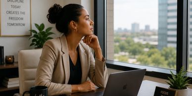 Contemplative woman looking out office window.