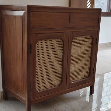 Rattan cane and wood console