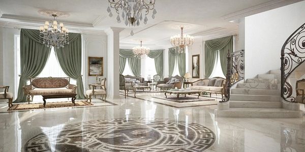 Luxurious living room with marble floors and elegant green curtains.
