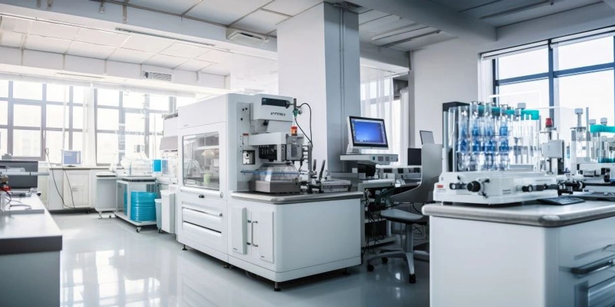 Modern laboratory with advanced scientific equipment and computers.