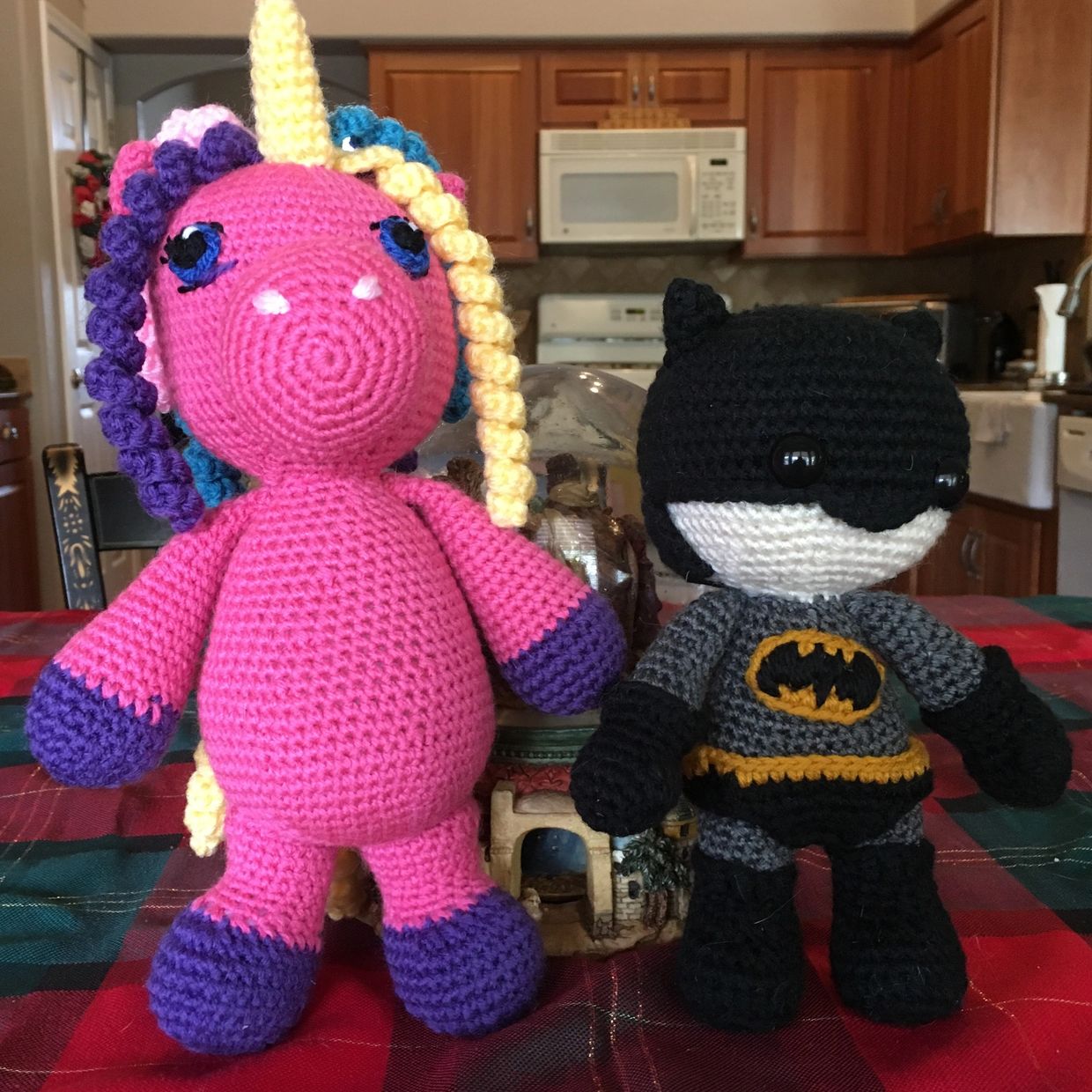 Amigurumi Bright Unicorn & Batman Dolls made for my grandchildren for Christmas.