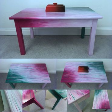 Handpainted wood upcycled furniture table pink turquoise 