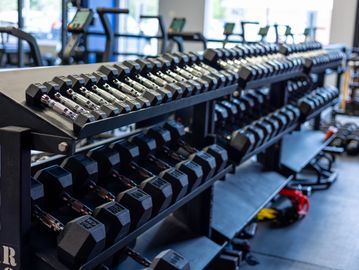 Rows of dumbbells neatly arranged on racks in a gym.