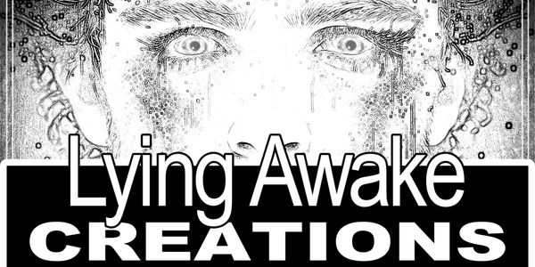 Artistic face sketch with Lying Awake Creations logo and website.