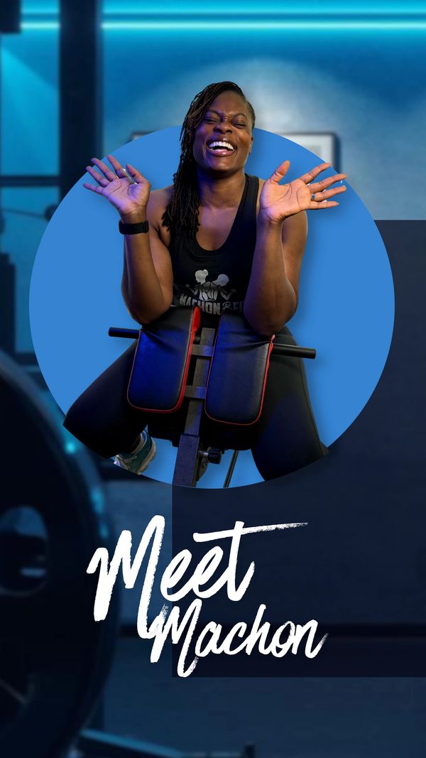 Energetic woman smiling brightly on gym equipment, titled 'Meet Machon'.