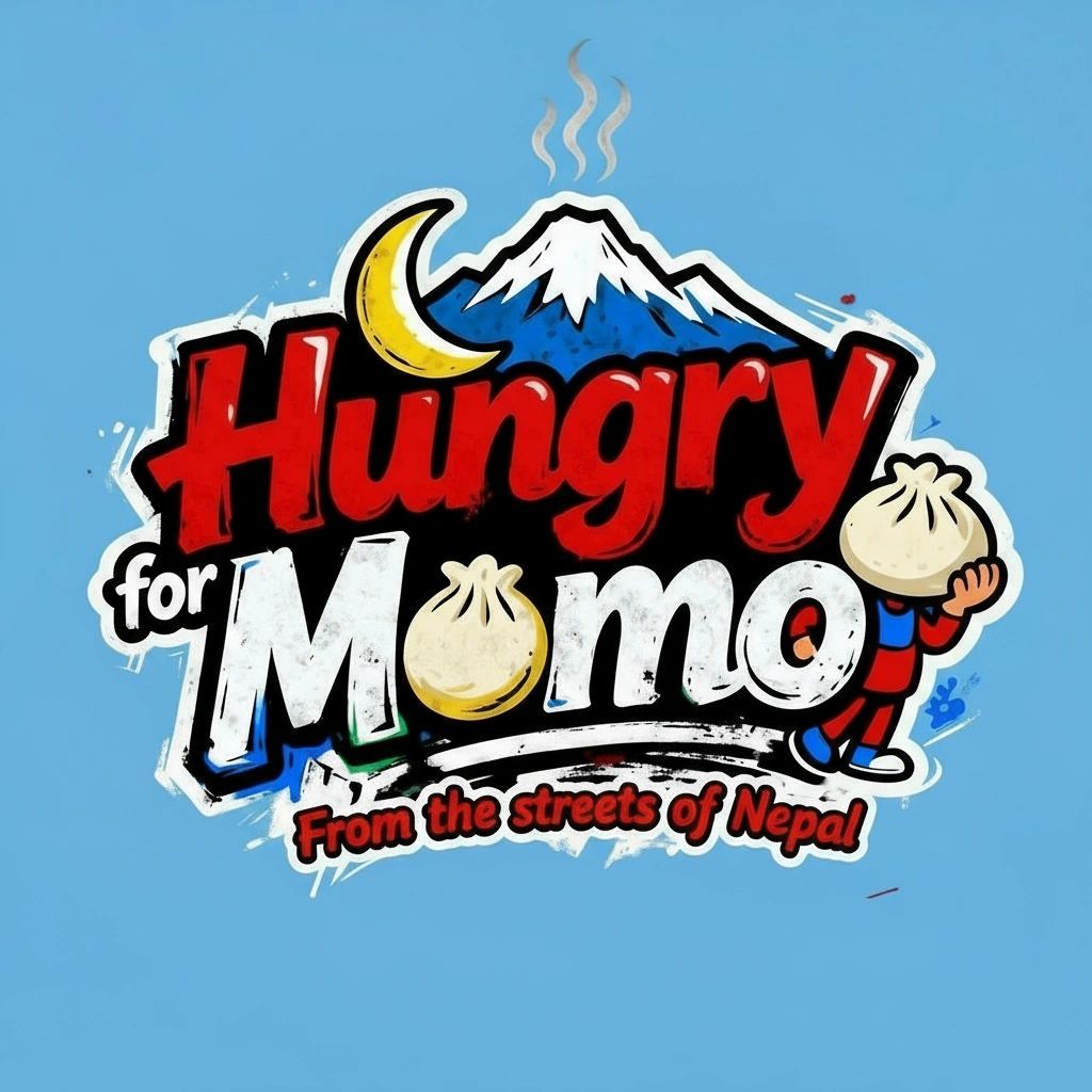 Colorful logo featuring "Hungry for Momo" with a mountain, moon, and momo dumplings.