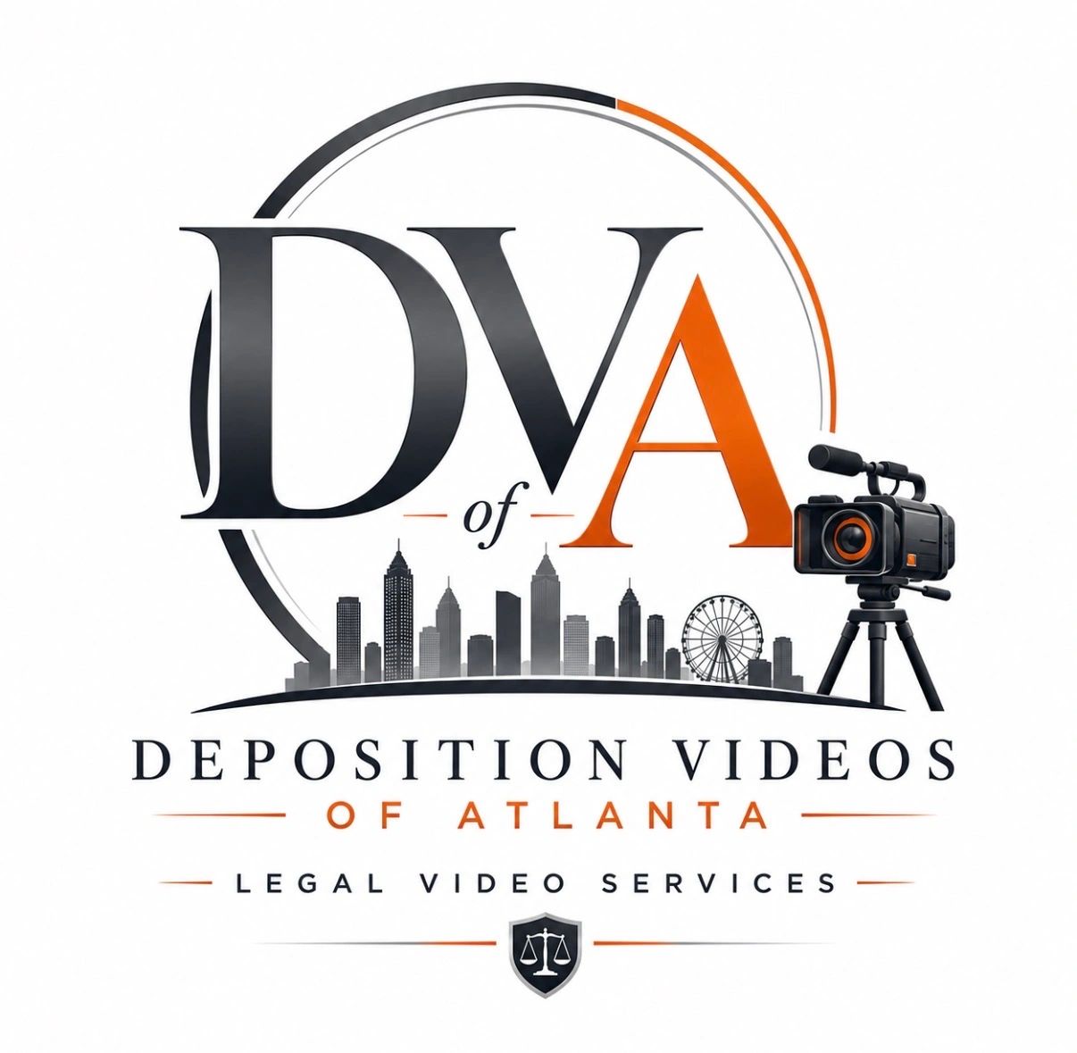 Logo for Deposition Videos of Atlanta, featuring city skyline and video camera.