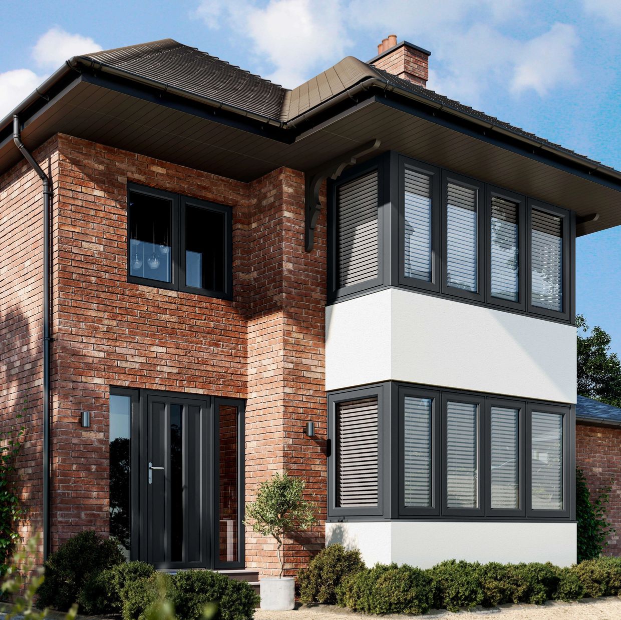 Modern two-story house with brick and white facade.