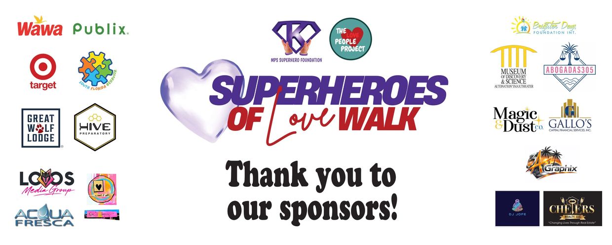 Superheroes of Love Walk sponsors' logos displayed with a thank you message.