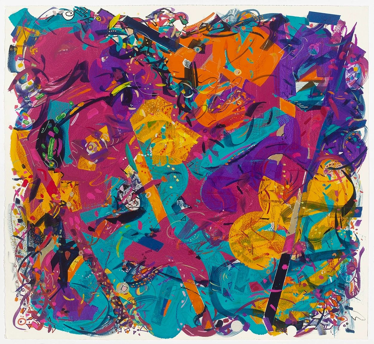 Vibrant abstract painting with purple, orange, turquoise, and yellow swirls.