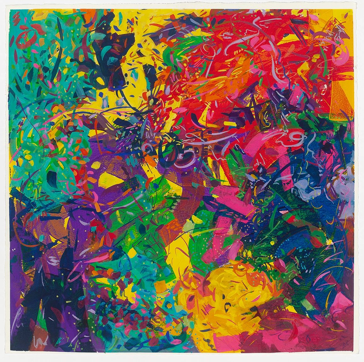 Vibrant abstract painting with diverse colors and brushstrokes.