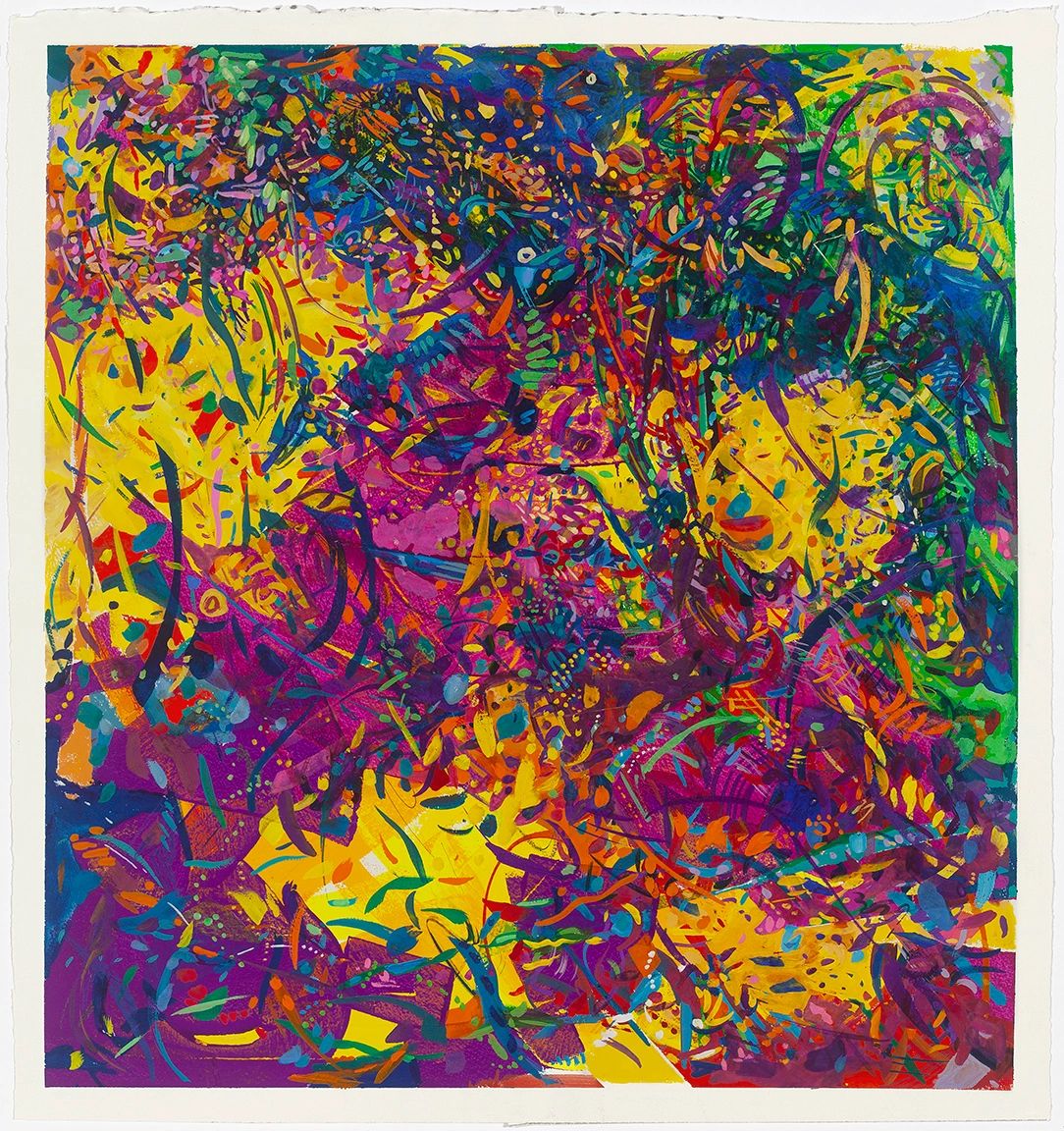 Vibrant abstract painting filled with energetic colors and shapes.