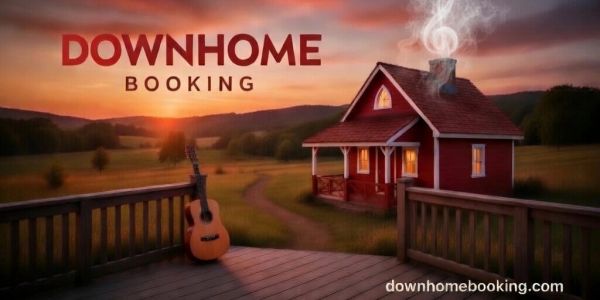 Cozy red cabin at sunset with a guitar and musical smoke notes from the chimney.