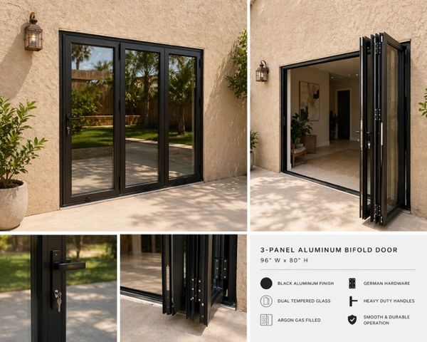 Black aluminum 3-panel bifold door with glass, shown closed and open.