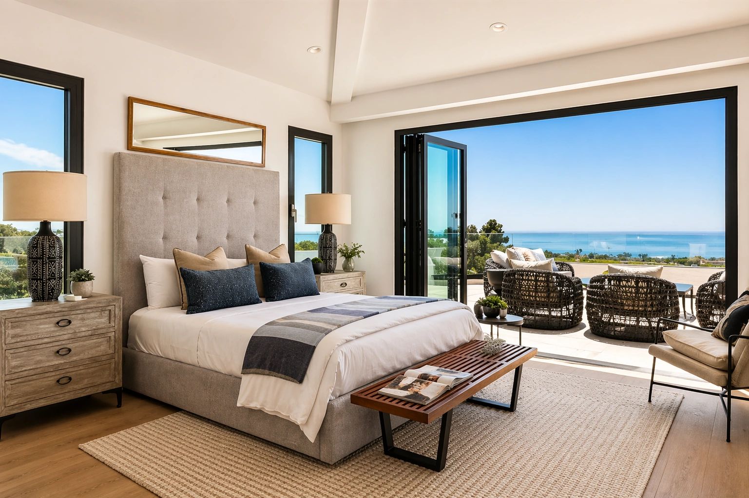 Modern bedroom with ocean view and outdoor seating area.
