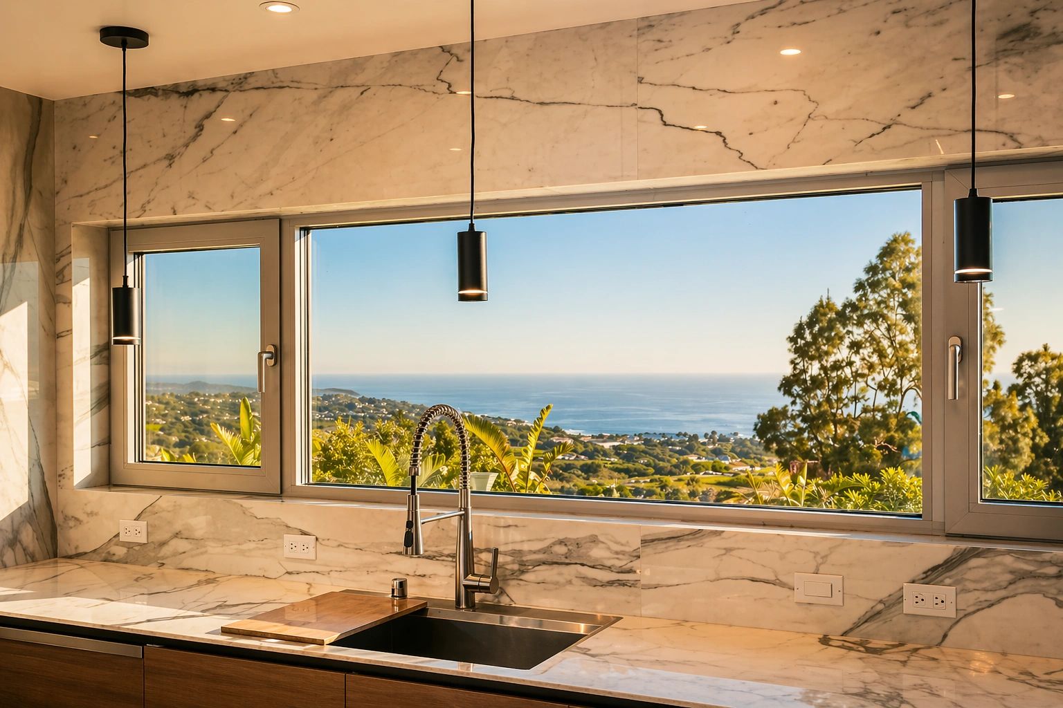 Modern kitchen sink with a scenic ocean view through large windows.