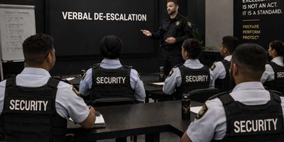 Security team attending a verbal de-escalation training session.