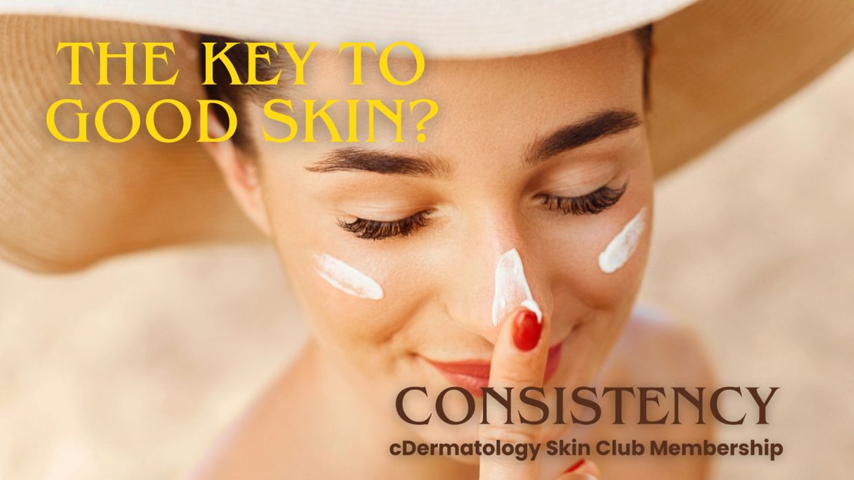 Woman applying sunscreen with text about good skin care consistency.