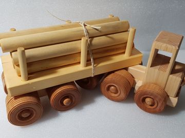 FOUR Wooden Toy TRUCK Set Log Barrel Tanker Dump Truck Wood