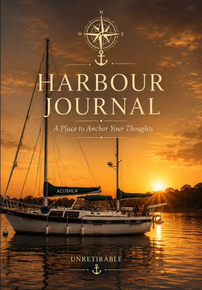 Sailboat anchored at sunset with Harbour Journal title and nautical theme.