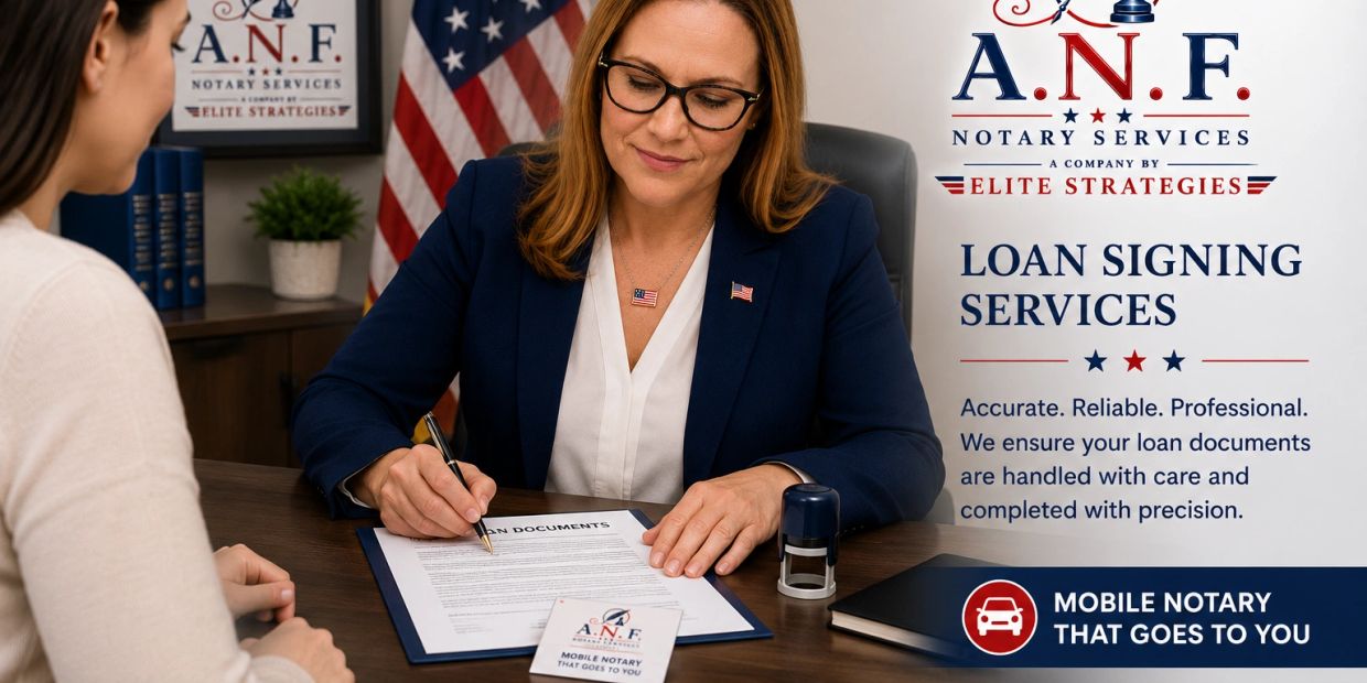 Professional woman notarizing loan documents in an office with American flag decor.