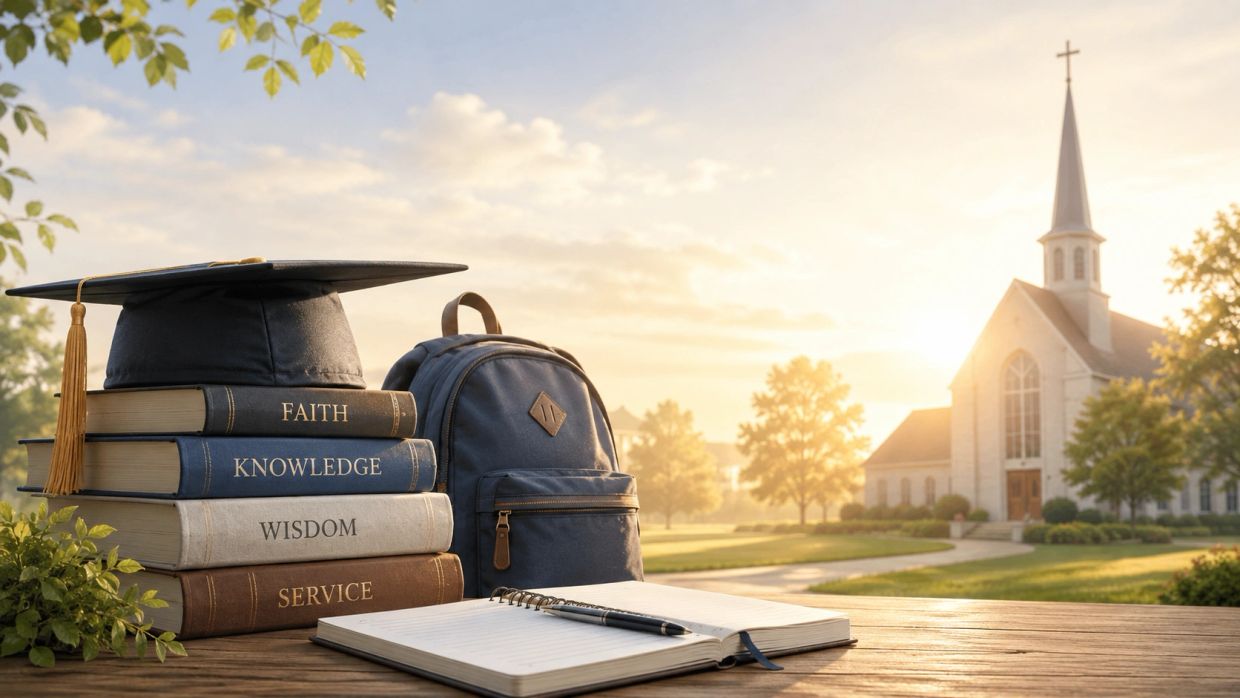 Books titled Faith, Knowledge, Wisdom, and Service with a graduation cap and church in the background.