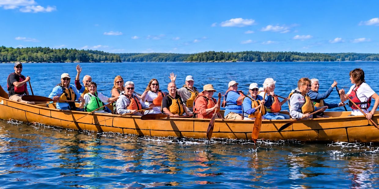 Group paddling a large canoe on a sunny lake.