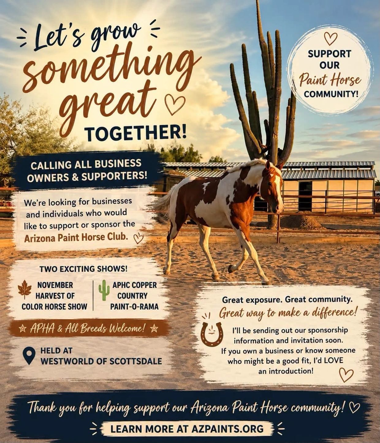 Support the Arizona Paint Horse community and sponsor exciting horse shows in Scottsdale.