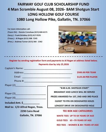Flyer for Fairway Golf Club Scholarship Fund 4 Man Scramble event.