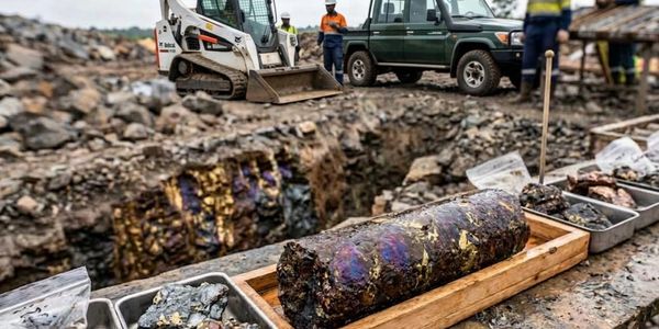 Excavation site with core samples and machinery.