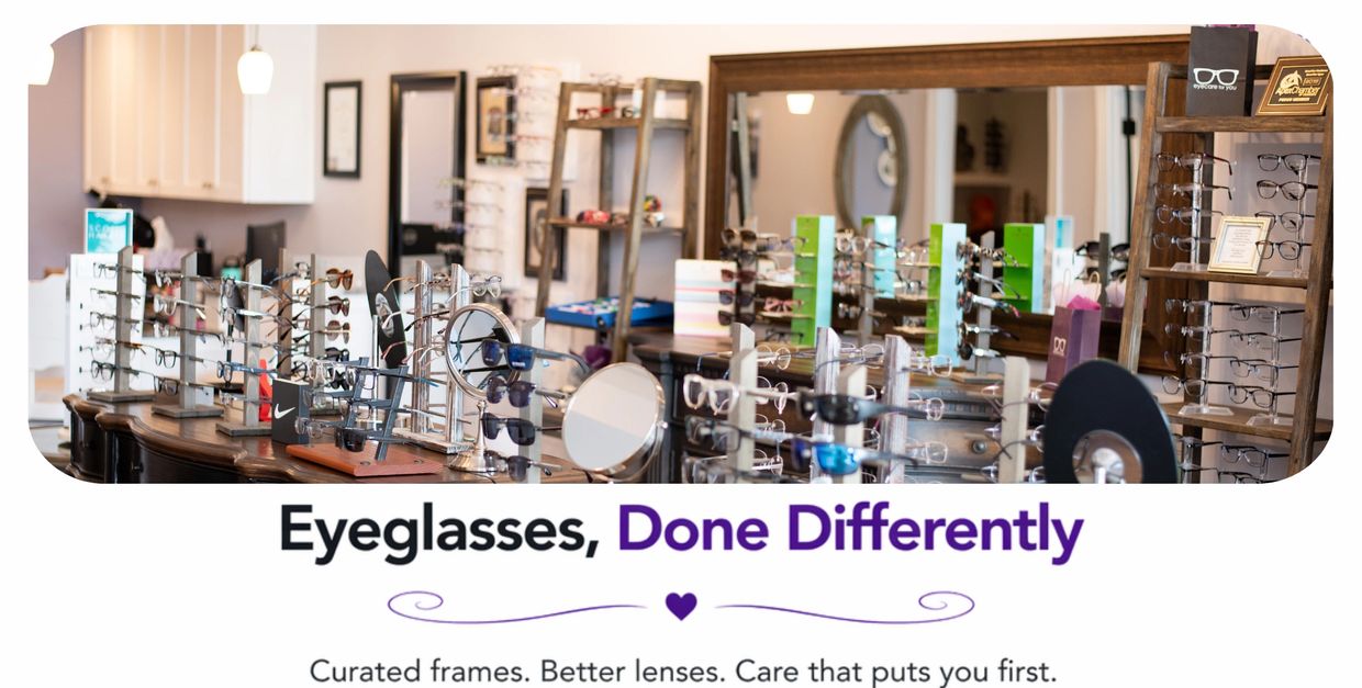 Eyeglasses displayed in a stylish store with the tagline 'Done Differently'.