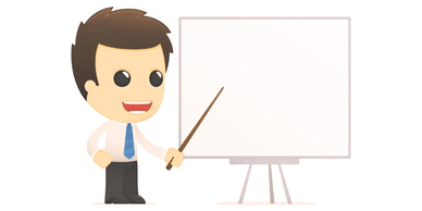 Cartoon man with a pointer in front of a blank whiteboard.