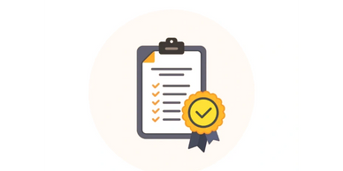 Checklist on clipboard with certification badge.