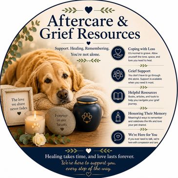 Aftercare and grief resources featuring a dog, urn, and comforting messages.